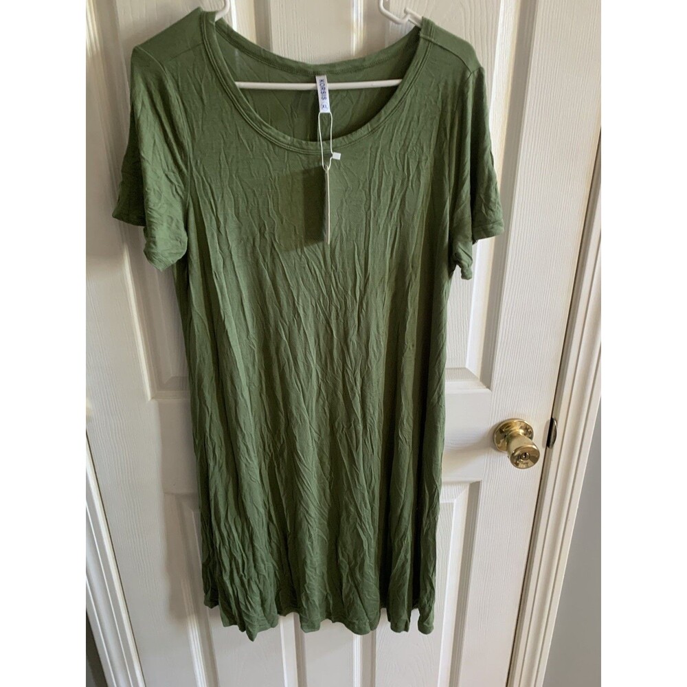 Korsis Women's Green XL Solid Knit Rayon Midi T-Shirt Dress Round Neck WT